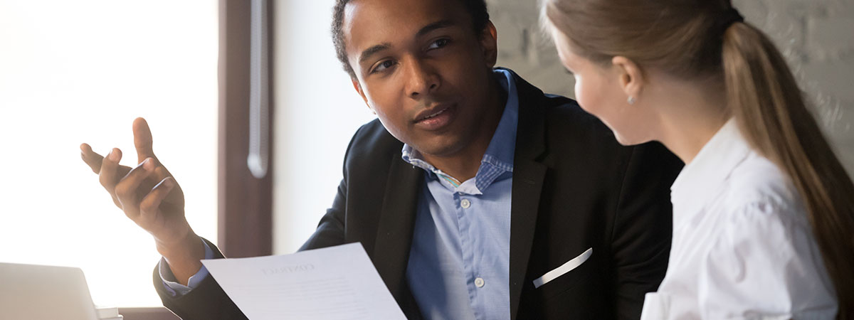 Boss interviewing female candidate, client and manager negotiating Boss interviewing female candidate, client and manager negotiating